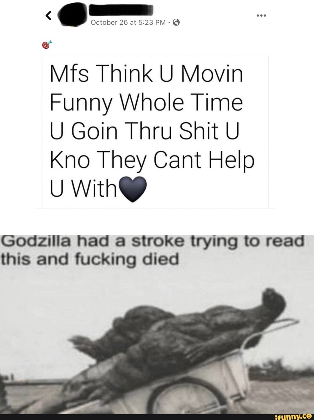 October 26 At Pm Mfs Think U Movin Funny Whole Time U Goin Thru Shit U Kno They Cant Help With Godzilla Had A Stroke Trying To Read This And Fucking Died