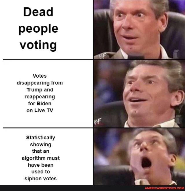 Dead people voting
Votes disappearing from
Trump and reappearing for Biden on Live TV
Statistically showing that an algorithm must have been used to siphon votes