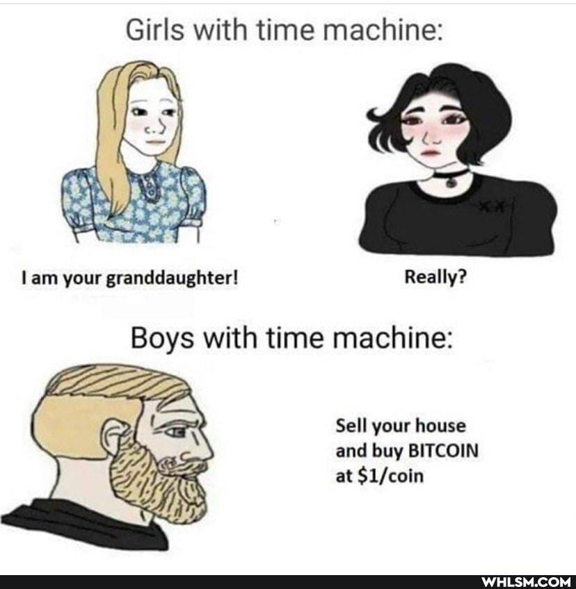 Girls with time machine:
am your granddaughter! Really?
Boys with time machine:
Sell your house and buy BITCOIN at