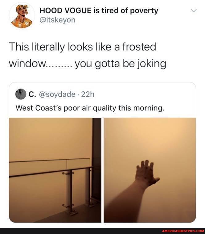 HOOD VOGUE is tired of poverty
@itskeyon
This literally looks like a frosted window......... you gotta be joking
@ C. @soydade
West Coast's poor air quality this morning.