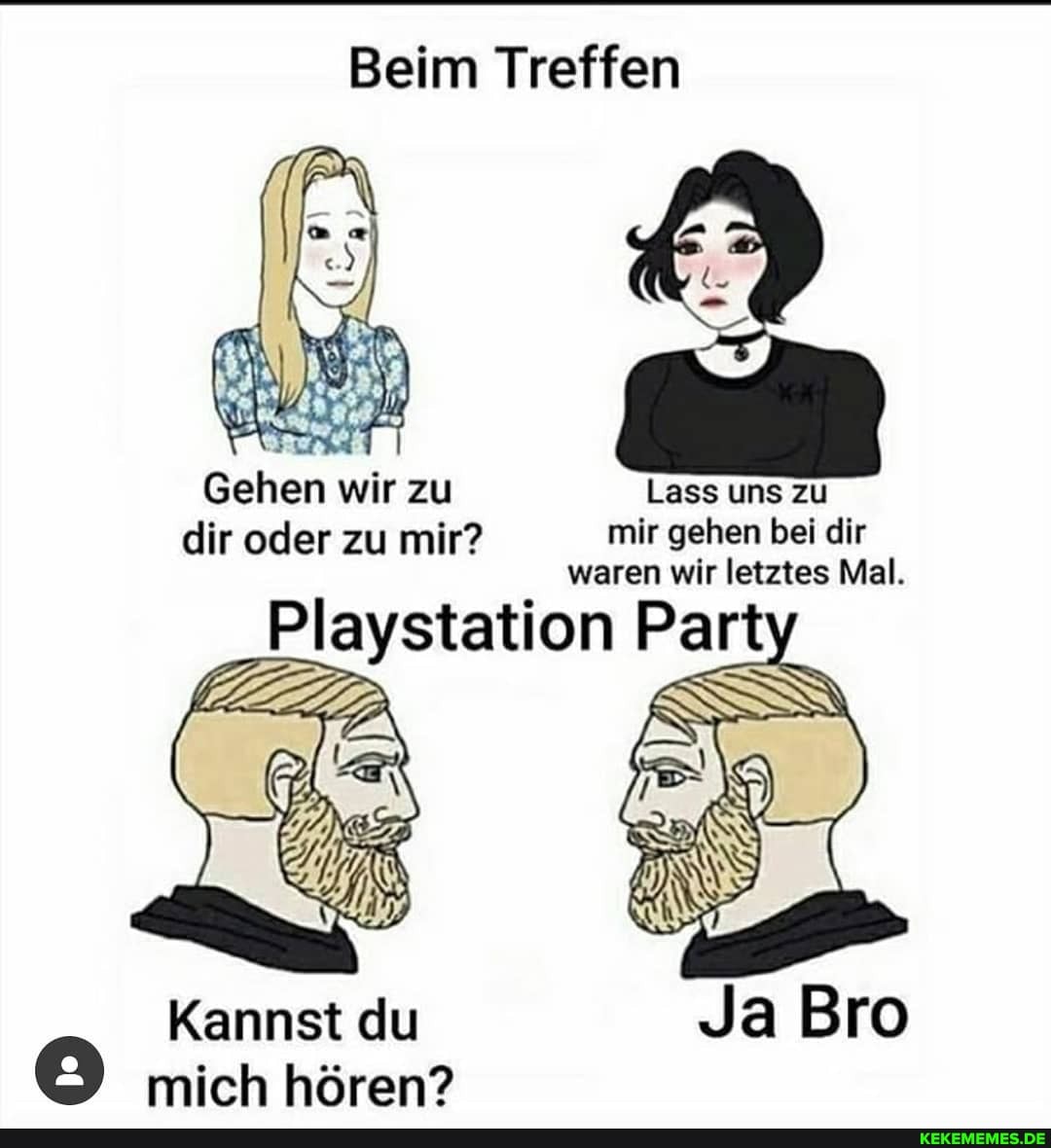 Beim Treffen
Gehen wir zu Lass uns zu
dir oder zu mir? mir gehen bei dir waren wir letztes Mal.
Playstation
Kannst du mich hören?