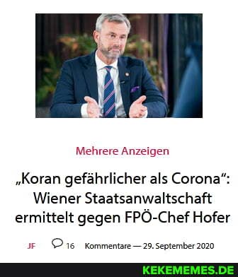 Mehrere Anzeigen
"Koran gefährlicher als Corona":
Wiener Staatsanwaltschaft ermittelt gegen FPÖ-Chef Hofer
Kommentare _20 Sentember2020