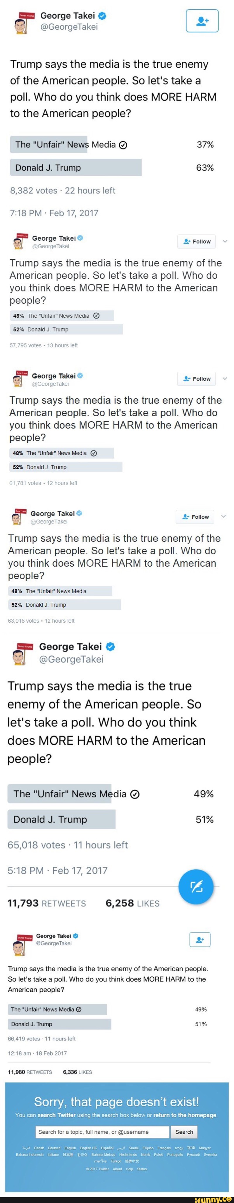 Trump says the media is the true enemy
of the American people. So let's take a
poll. Who do you think does MORE HARM
to the American people?
The "Unfair" News Media © 37%
Trump says the media is the true enemy of the
American people. So let's take a poll. Who do
you think does MORE HARM to the American
people?
“% The "Unfair" News Media Q
52% Donald J, Trump
57 795 votes -13 hours ren
fGeorgeTaKei
Trump says the media is the true enemy of the
American people. So let's take a poll. Who do
you think does MORE HARM to the American
people?
m The "Unfair" News Media ©
52% Donald J. Trump