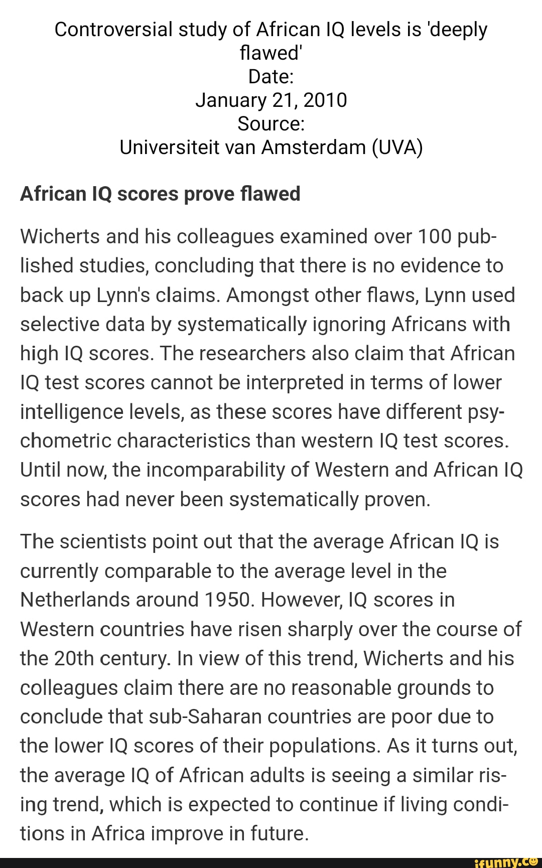 Controversial study of African IQ levels is 'deeply flawed' Date