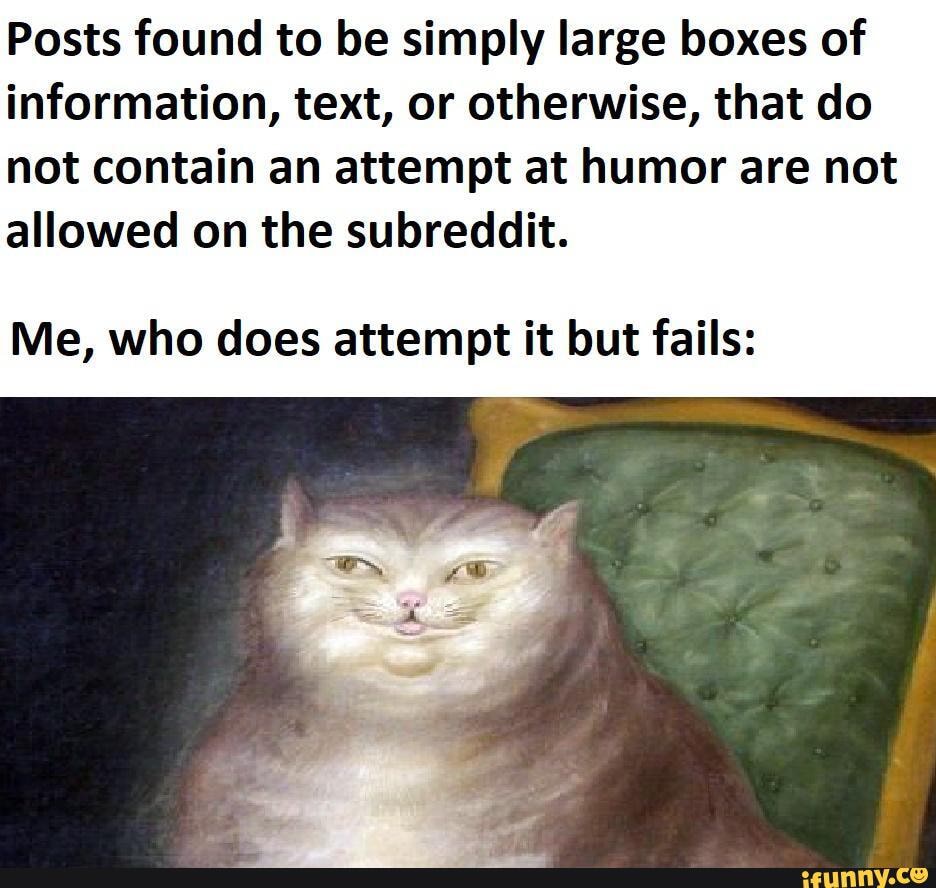 Posts found to be simply large boxes of
information, text, or otherwise, that do
not contain an attempt at humor are not
allowed on the subreddit.
Me, who does attempt it but fails:
