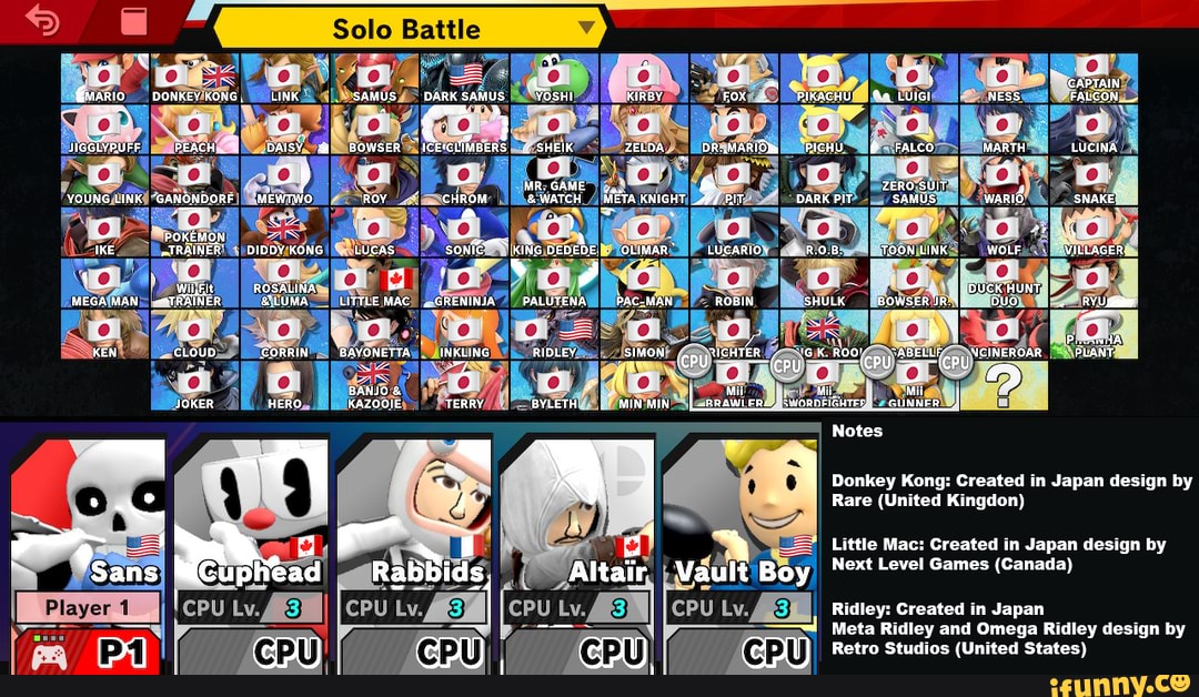 ATE
[DUCK HUNT)
SNPLANT uTel GuNNER SS Donkey Kong: Created in Japan design by
Rare (United Kingdon)
Little Mac: Created in Japan design by ph ad Boy Next Level Games (Canada)
'cpu CPU CPU Li Ridley: Created in Japan
Meta Ridle ey and Omega jey design by es)
Retro Studios (Uni