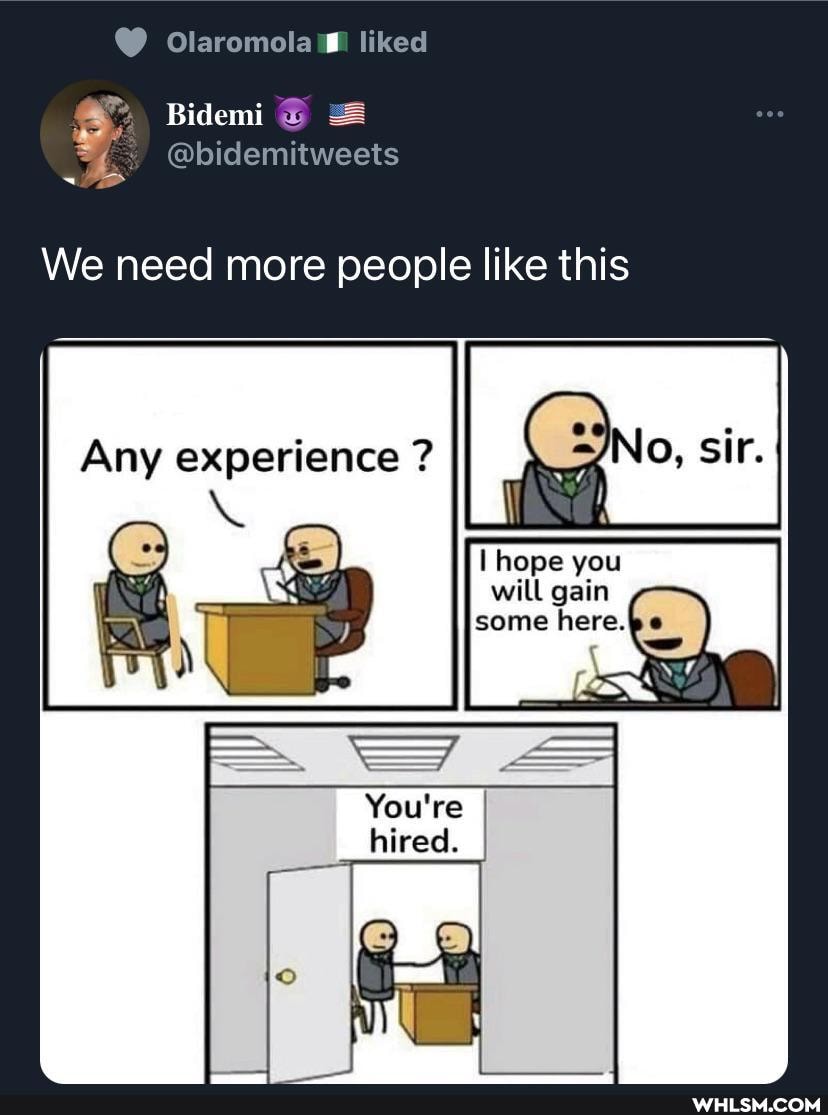 Olaromolami liked
Bidemi
@bidemitweets
We need more people like this
hope you will gain some
Any experience ?