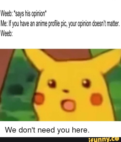 Weeb Says His Opinion Me If You Have An Anime Proﬁle Pic Your Opinion Doesn T Matter Weeb We Don T Need You Here Ifunny