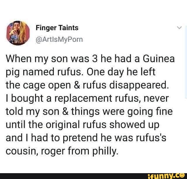 Finger Taints
When my son was 3 he had a Guinea pig named rufus. One day he left the cage open & rufus disappeared.
I bought replacement rufus, never told my son & things were going fine until the original rufus showed up and I had to pretend he was rufus's cousin, roger from philly.