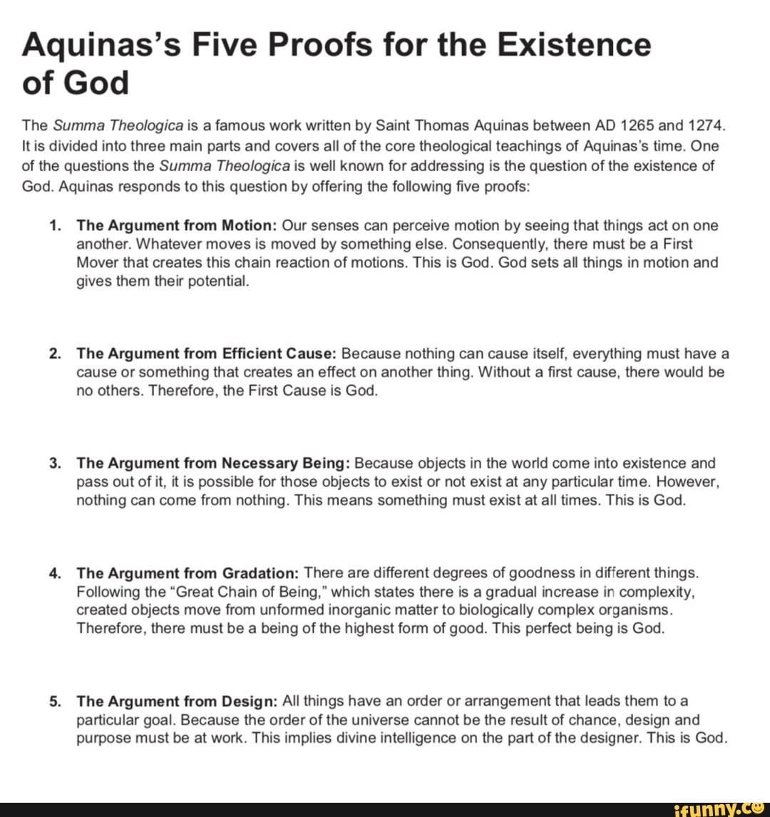 Aquinas’s Five Proofs For The Existence Of God The Summa Thealogica Is ...