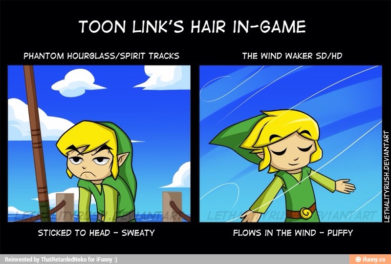 Toon link's hair ln-game phantom hourglass/spirit tracks the wind wake...