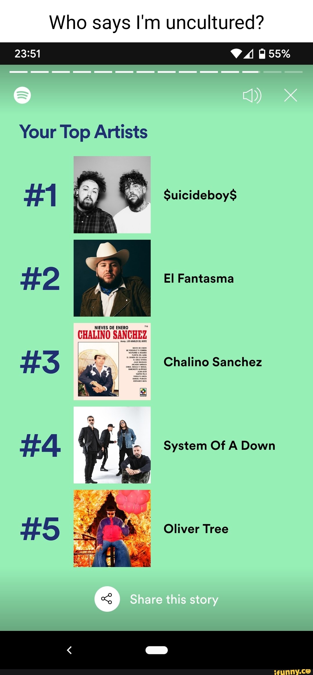 Who says I'm uncultured? 55% Your Top Artists Suicideboy$ Fantasma NIEVES  DE ENERO CHALINO SANCHEZ Chalino Sanchez System Of A Down Oliver Tree Share  this story - )