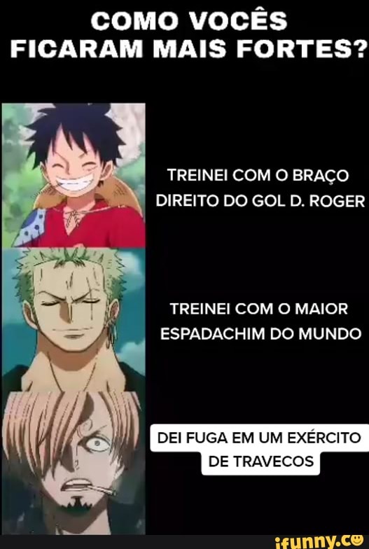 COMO VOCÊS FICARAM MAIS FORTES?
TREINEI COM O BRAÇO DIREITO DO GOL D. ROGER
TREINEI COM O MAIOR ESPADACHIM DO MUNDO
DEI FUGA EM UM EXERCITO DE TRAVECOS