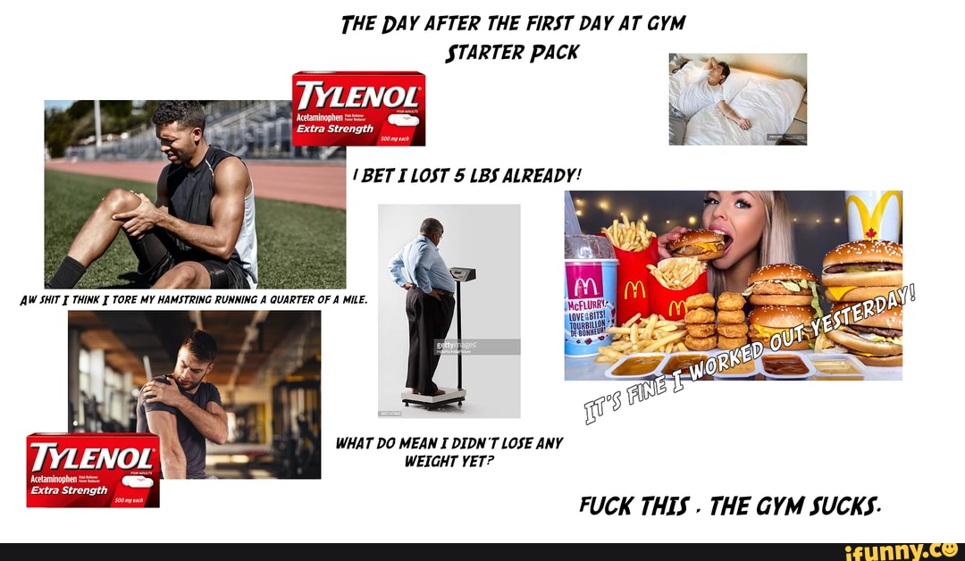 THE DAY AFTER THE FIRST DAY AT GYM STARTER PACK TYLENOL Acetaminophen Extra Strength WHAT DO