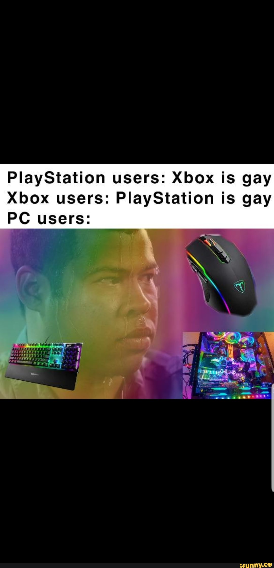 PlayStation users: Xbox is gay Xbox users: PlayStation is gay PC users: 55.