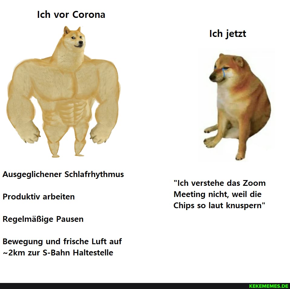 Ich vor Corona
Ich jetzt
Ausgeglichener Schlafrhythmus
"Ich verstehe das Zoom
Meeting nicht, weil die
Chips so laut knuspern"
Produktiv arbeiten
Regelmäßige Pausen
Bewegung und frische Luft auf zur S-Bahn Haltestelle