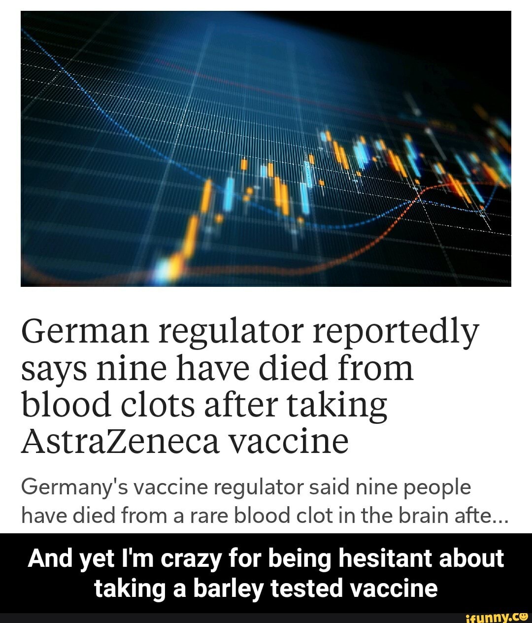 German regulator reportedly says nine have died from blood clots after taking
AstraZeneca vaccine
Germany's vaccine regulator said nine people have died from a rare blood clot in the brain afte...
And yet I'm crazy for being hesitant about taking a barley tested vaccine - And yet I'm crazy for being hesitant about taking a barley tested vaccine