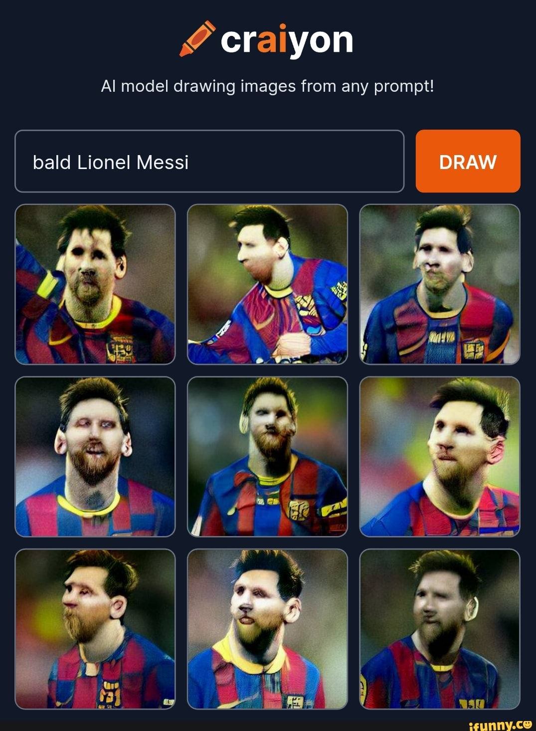 Craiyon Al model drawing images from any prompt! bald Lionel Messi DRAW ...