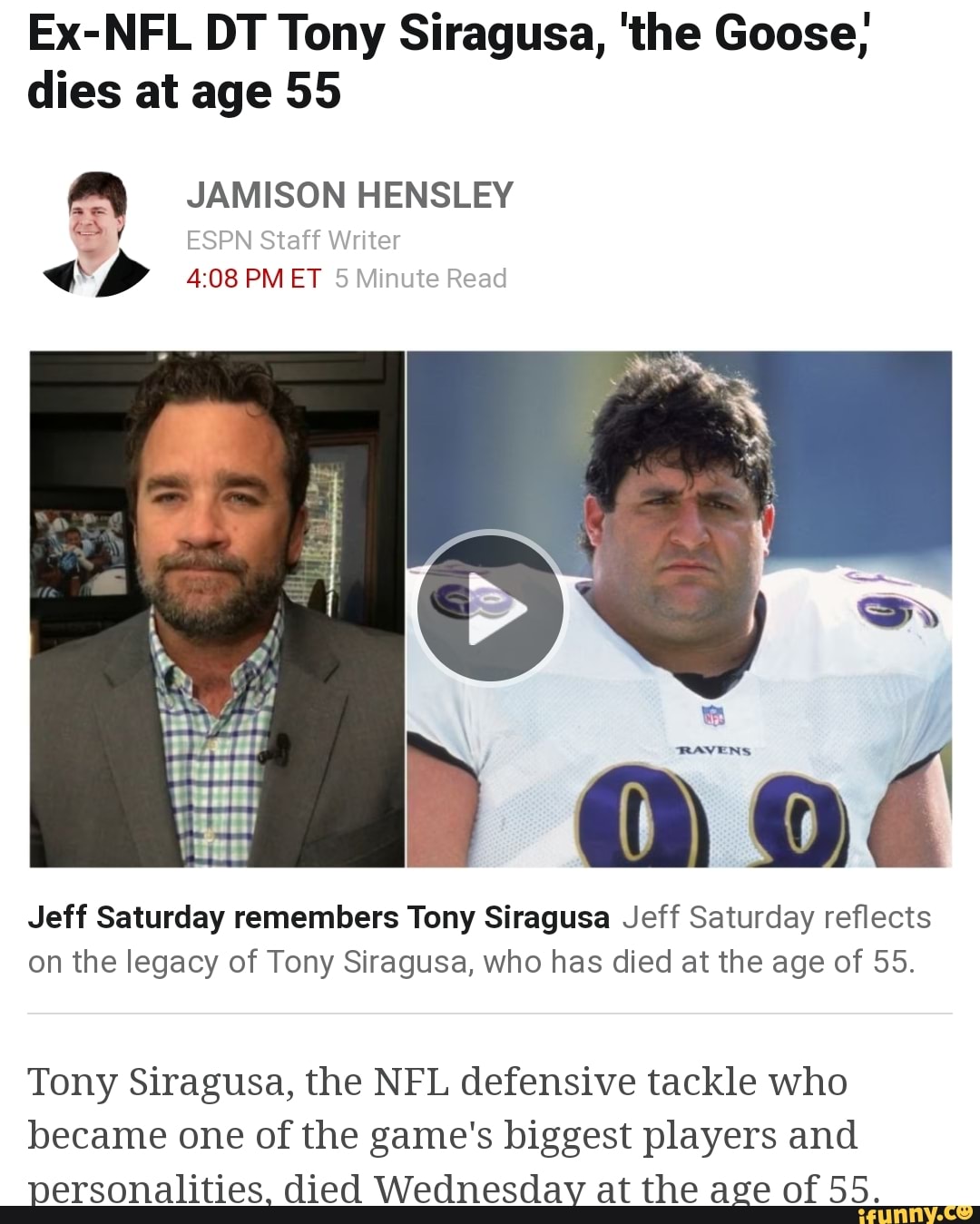 Former Colts, Ravens DT Tony Siragusa dies at 55