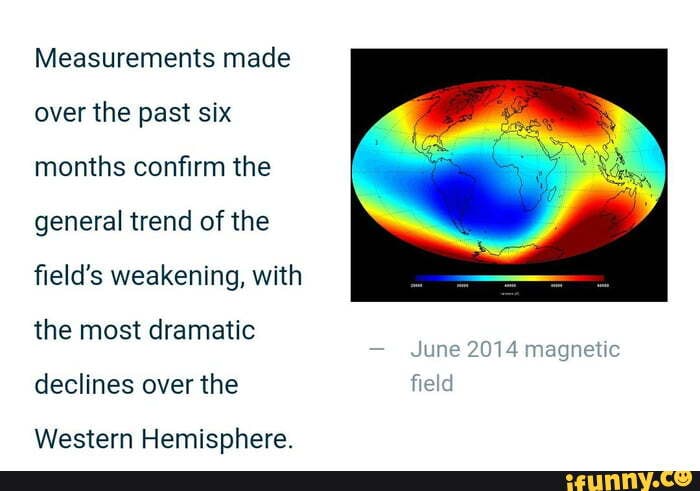 Measurements made over the past six months confirm the general trend of the field's weakening, with the most dramatic declines over the
Western Hemisphere.
June 2014 magnetic
field