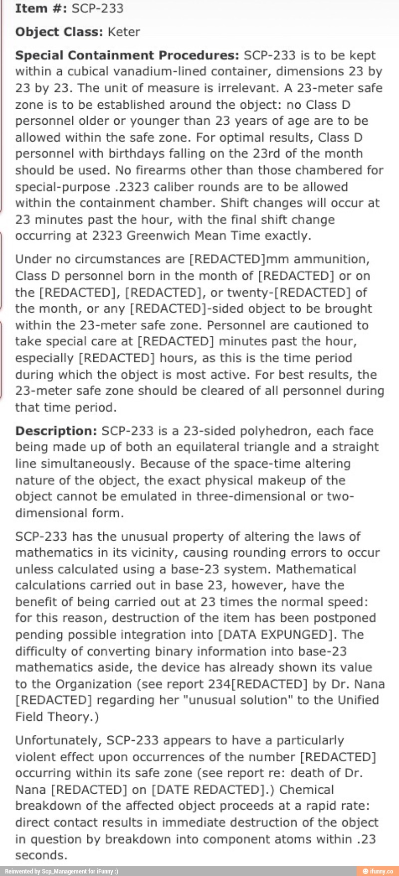 Item Scp 233 Object Class Keter Special Containment Procedures Scp 233 Is To Be Kept Within A Cubical Vanadium Iined Container Dimensions 23 By 23 By 23 The Unit Of Measure Is Irrelevant A