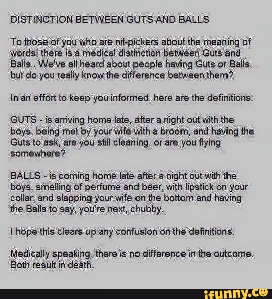DISTINCTION BETWEEN GUTS AND BALLS To those of you who are nitpickers