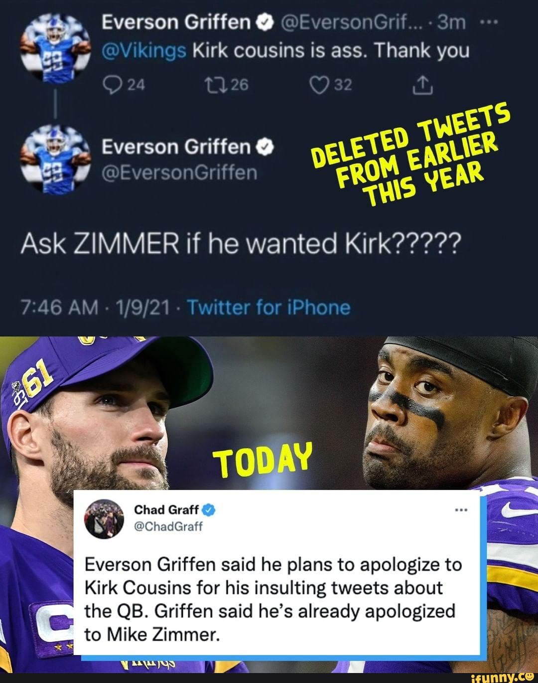 Everson Griffen deletes tweet and apologizes for saying Kirk Cousins is  ass