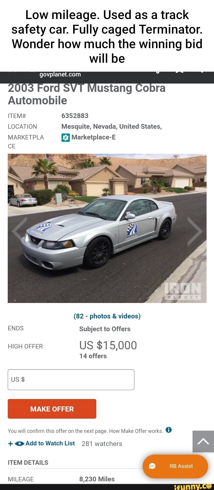 Low mileage. Used as a track safety car. Fully caged Terminator. Wonder