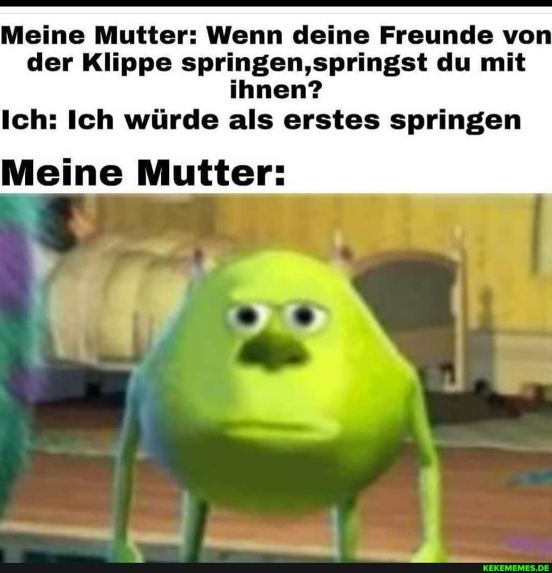 Meine Mutter: Wenn deine Freunde von der Klippe springen,springst du mit
ihnen?
Ich: Ich würde als erstes springen
Meine Mutter: