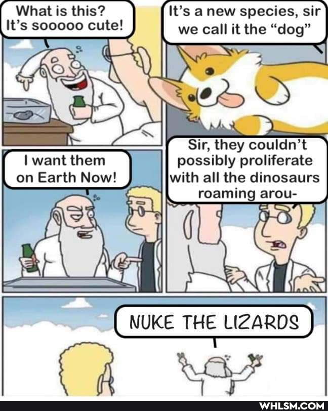 What is this? It's a new species, sir
It's sooooo cute! we call it the "dog"
Sir, they couldn't
want them possibly proliferate with all the dinosaurs on Earth Now!
with all the dinosaurs
I SS roaming arou-
5 y
NUKE THE LIZARDS