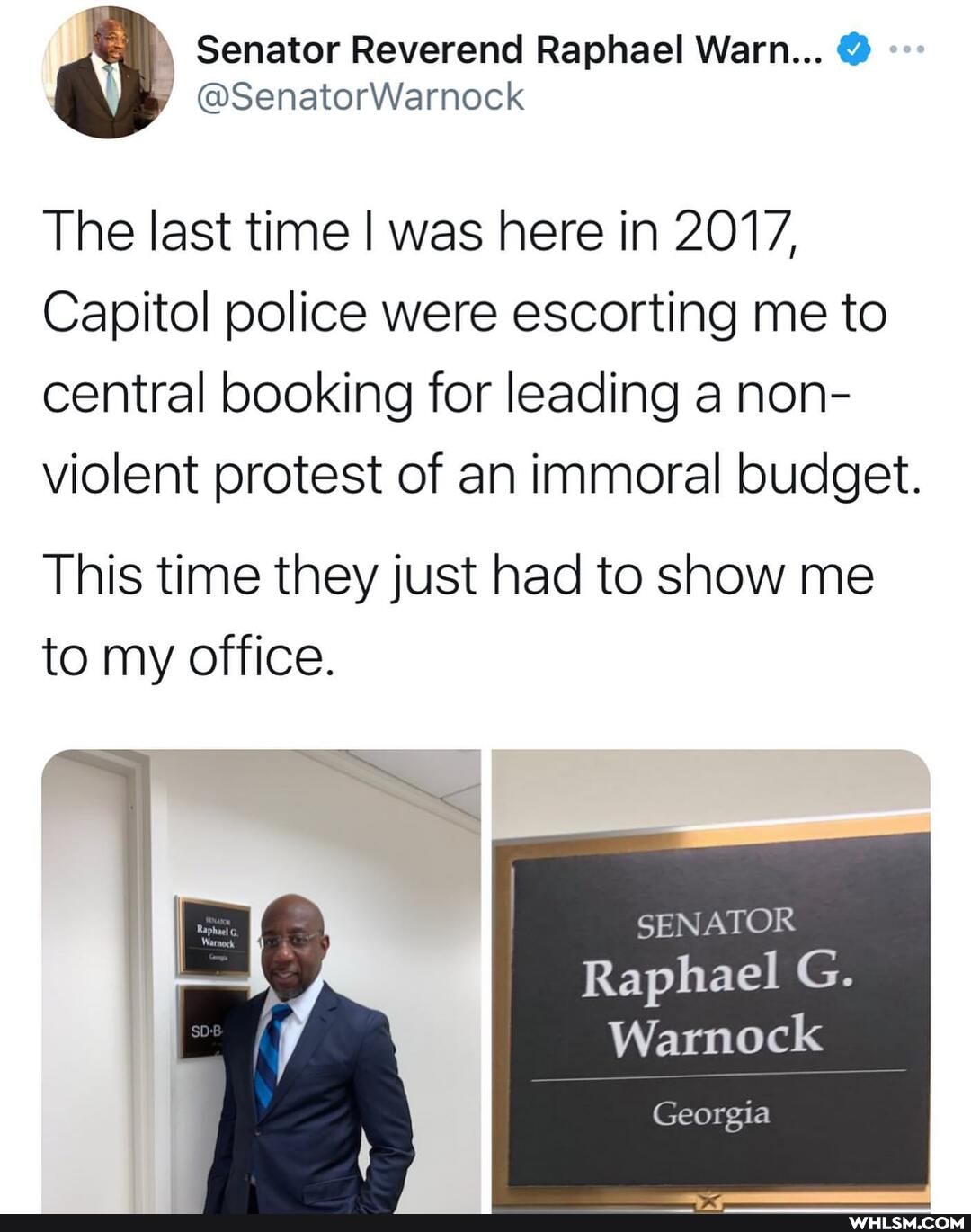 Senator Reverend Raphael Warn...
4/ @SenatorWarnock
The last time I was here in 2017,
Capitol police were escorting me to central booking for leading a non- violent protest of an immoral budget.
This time they just had to show me to my office
SENATOR Raphael G.
Warnock
Georgia