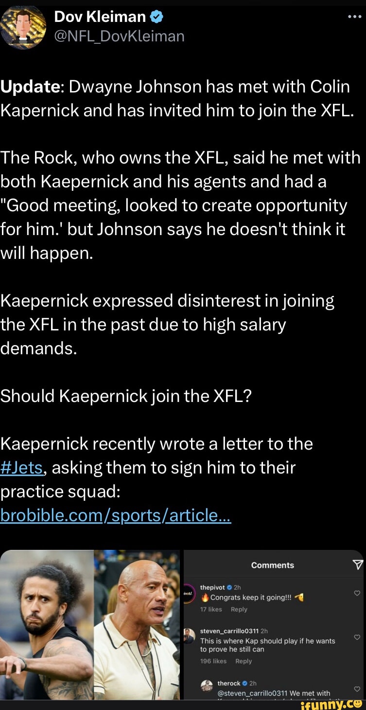 Dwayne 'The Rock' Johnson Reveals Decision On Colin Kaepernick After  Announcing XFL, USFL Merger - NFL DrillTown