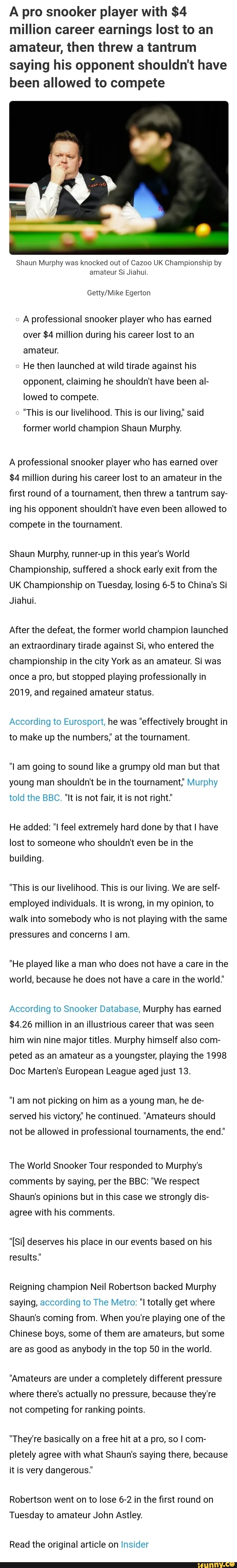 A pro snooker player with $4 million career earnings lost to an amateur, then threw a