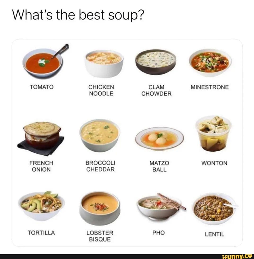 What's the best soup? TOMATO CHICKEN CLAM MINESTRONE NOODLE CHOWDER