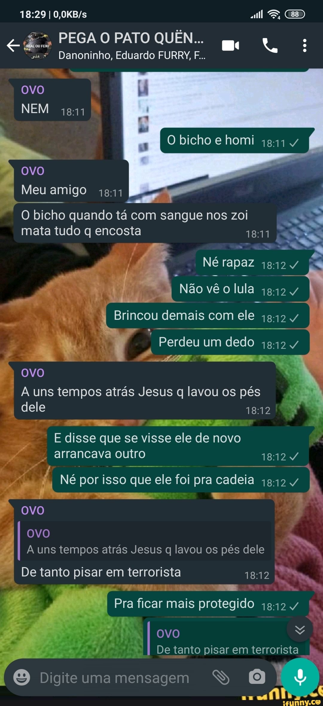 I ES,
PEGA O PATO QUÊN..
se* Danoninho, Eduardo FURRY, F...
OVO NEM 1811
OVo
Meu amigo
bicho homi
O bicho quando tá com sangue nos zoi mata tudo q encosta 1811
Né rapaz 1812
I Não vê o lula 1812/.
Brincou demais com ele 1812
OVO
Perdeu um dedo 1812/
A uns tempos atrás Jesus q lavou os pés dele
E disse que se visse ele de novo arrancava outro
Né por isso que ele foi pra cadeia 1812/
ovo
ovo
A uns tempos atrás Jesus q lavou os pés dele
De tanto pisar em terrorista
Pra ficar mais protegido /
OVO De tanto pisar em terrorista
É Digiteuma mensagem SS