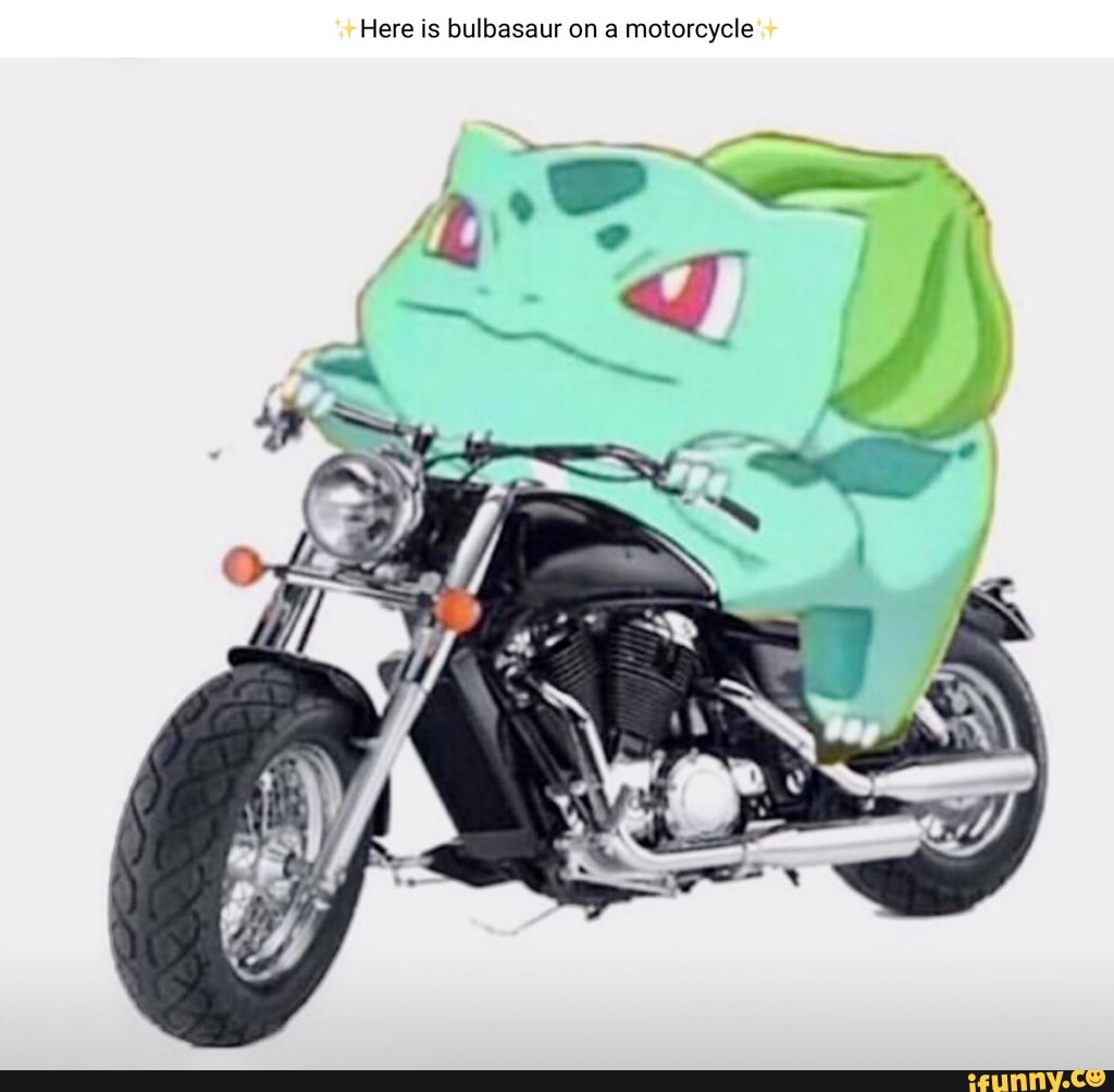 Here is bulbasaur on a motorcycle iFunny