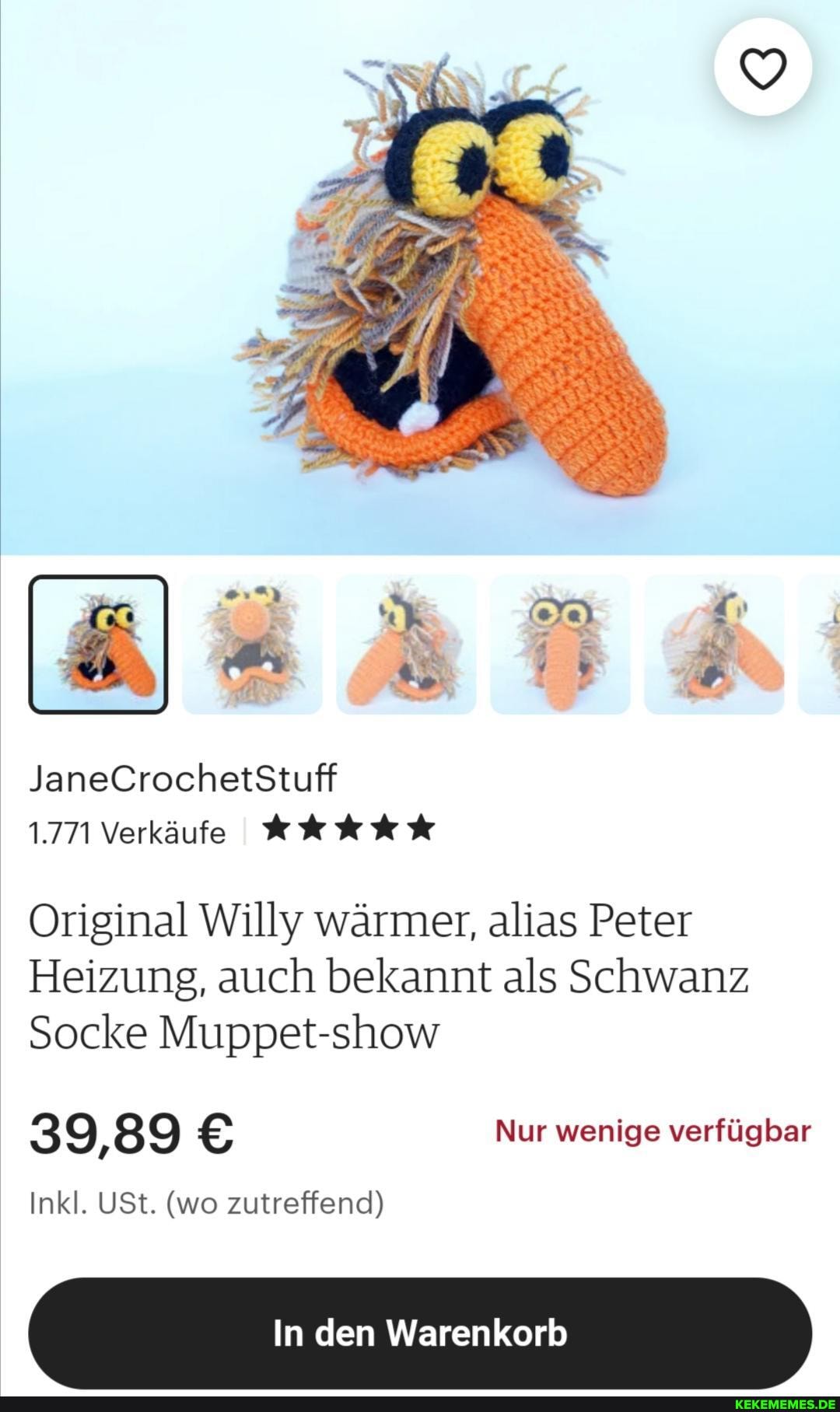 ff
JaneCrochetStuff
1771 Verkäufe
Original Willy wärmer, alias Peter
Heizung, auch bekannt als Schwanz
Socke Muppet-show
39,89 Nur wenige verfügbar
Inkl. USt. (wo zutreffend)
In den Warenkorb