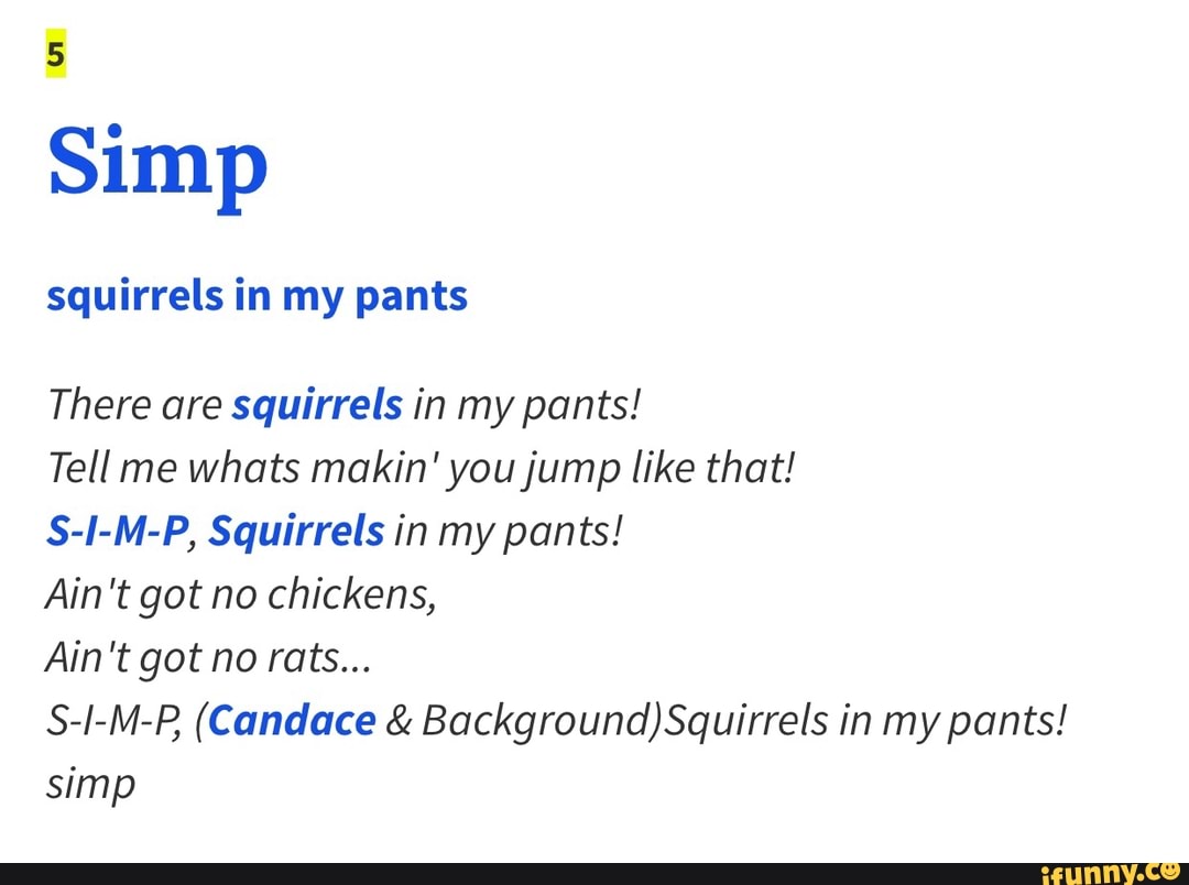Squirrels in my pants There are squirrels in my pants! Tell me whats
