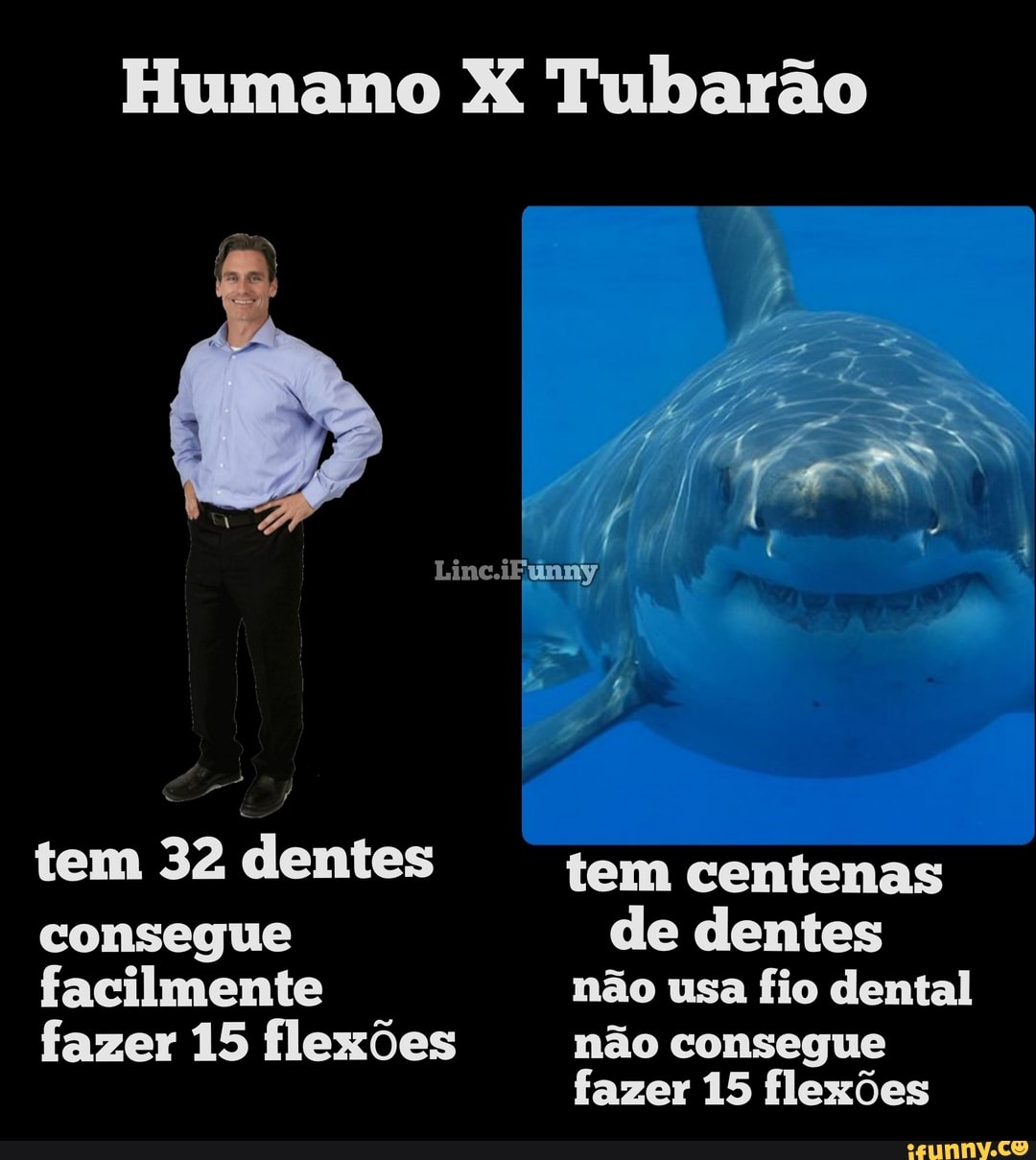 Humano X Tubarão
tem 32 dentes
tem centenas consegue de dentes facilmente não usa fio dental fazer 15 flexões não consegue
fazer 15 flexões