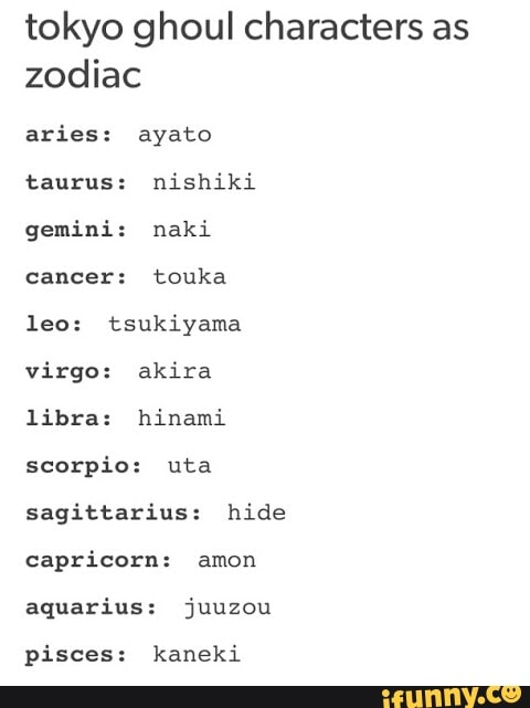 tokyo ghoul characters as
zodiac
taurus: nishiki
gemini: naki
cancer: touka
leo: tsukiyama
virgo: akira
libra: hinami
scorpio: uta
sagittarius: hide
capricorn: amon
aquarius: juuzou
pisces: kaneki