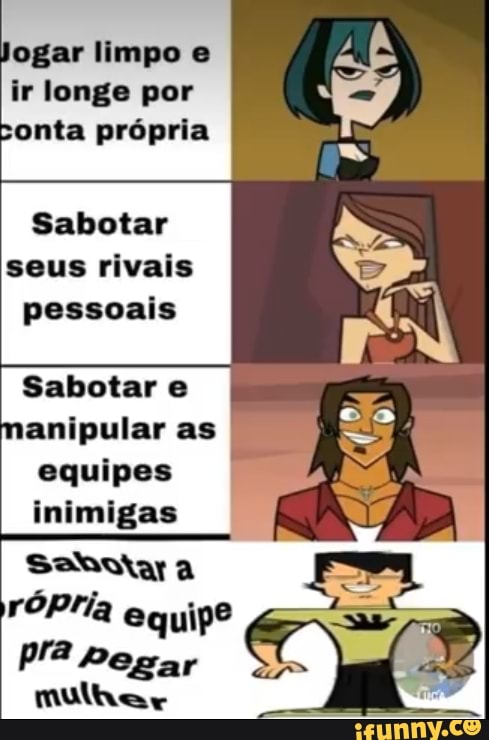 Jogar limpo e
ir longe por
ponta própria
Sabotar
seus rivais
pessoais
Sabotar e
manipular as
equipes
inimigas
N
mulher