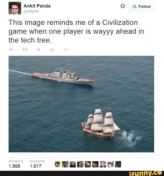 a
This image reminds me of a Civilization
game when one player is wayyy ahead in
the tech tree.