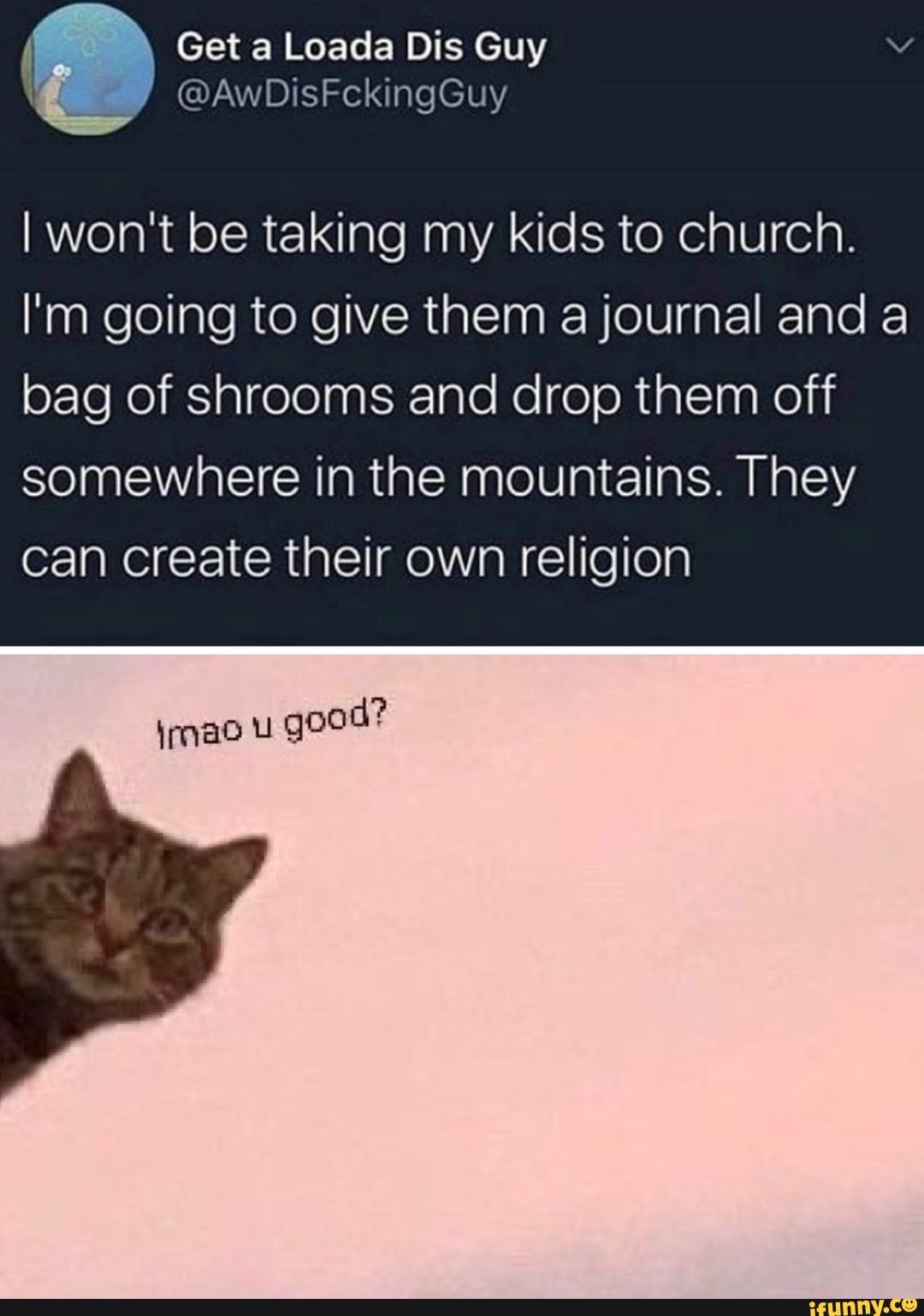 Get a Loada Dis Guy
I won't be taking my kids to church.
I'm going to give them a journal and a bag of shrooms and drop them off somewhere in the mountains. They
can create their own religion