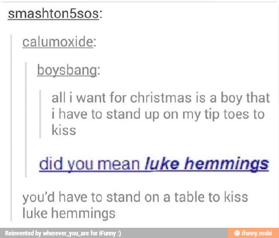 calumoxide:
boysbang:
alli want for christmas is a boy that
i have to stand up on my
tip toes to
kiss
did you mean luke hemmings
you'd have to stand on a table to kiss