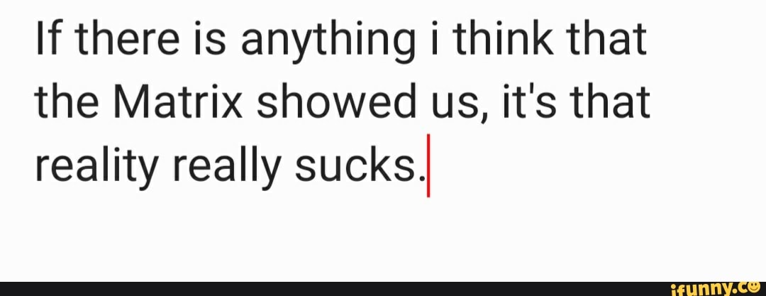 If there is anything i think that the Matrix showed us, it's that reality really sucks.
