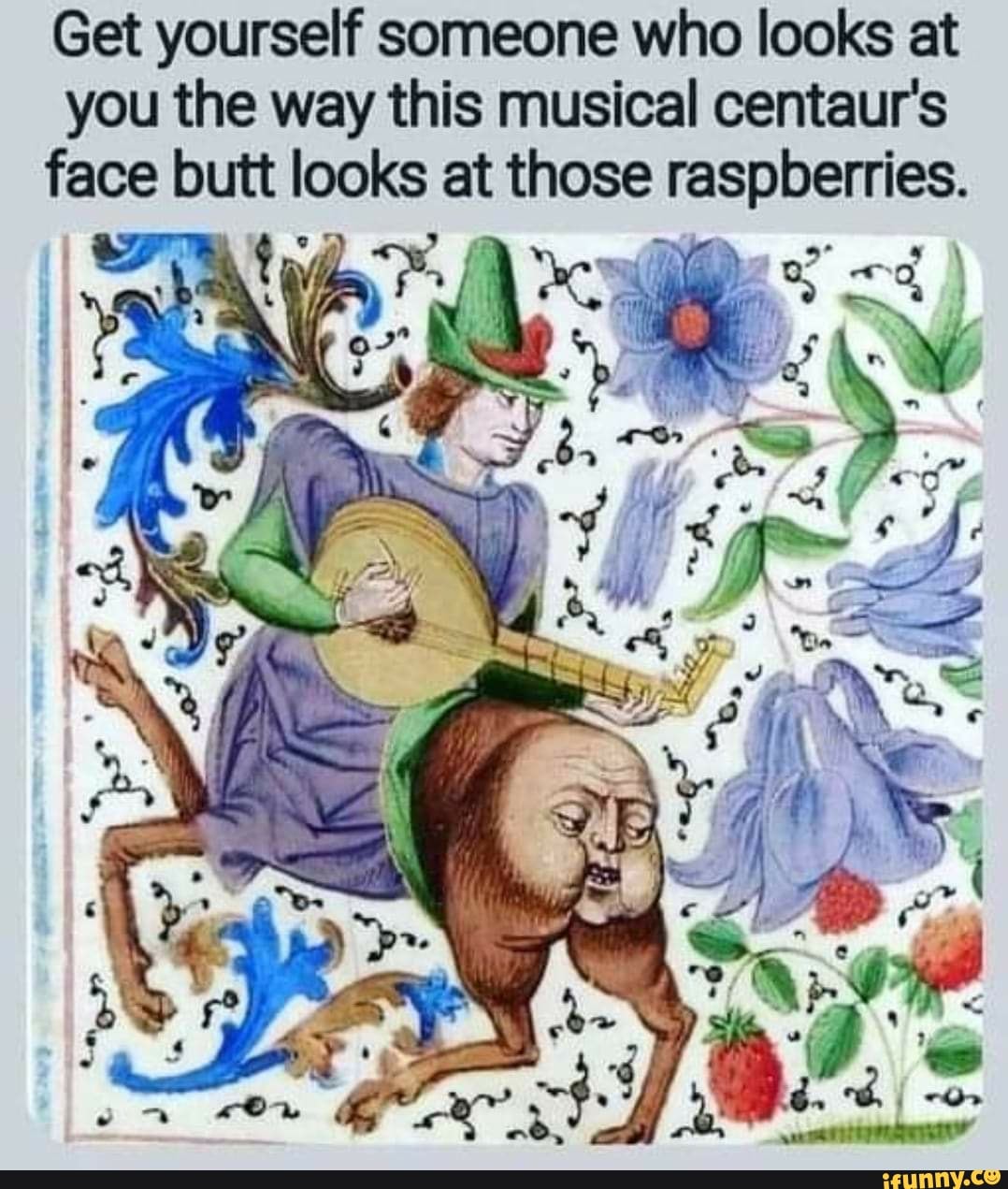 Get yourself someone who looks at you the way this musical centaur's face butt looks at those raspberries.