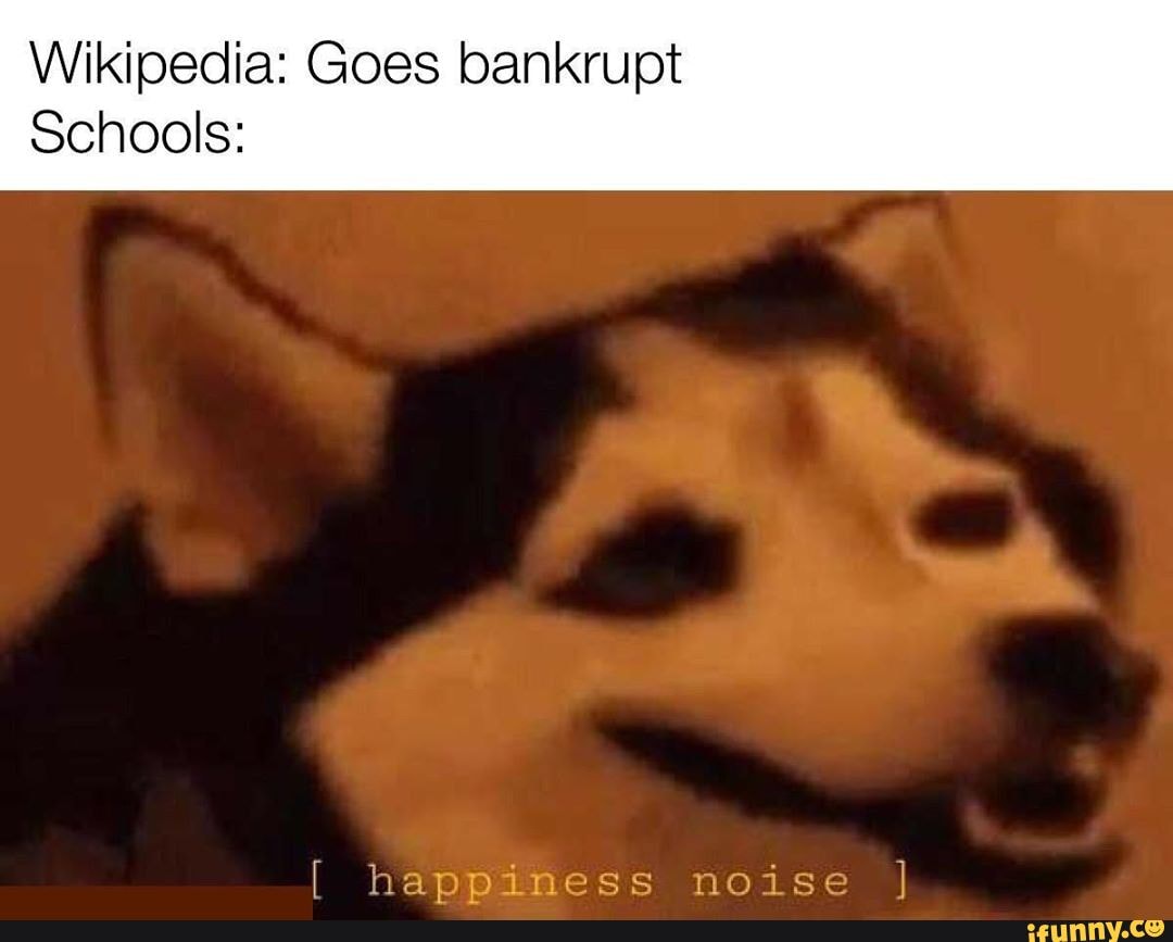 Wikipedia: Goes bankrupt
Schools:
happiness noise