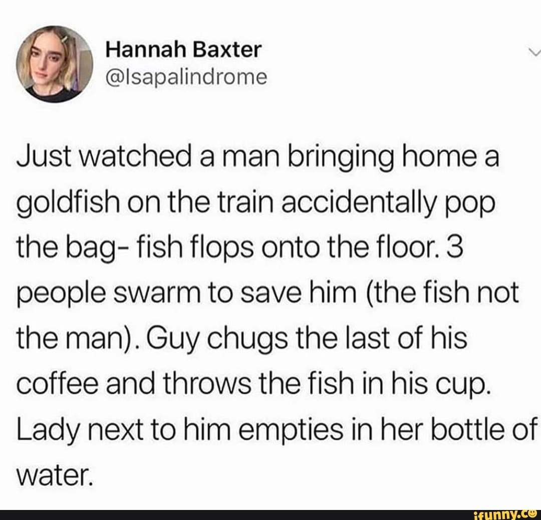 Hannah Baxter
@lsapalindrome
Just watched a man bringing home a goldfish on the train accidentally pop the bag- fish flops onto the floor. 3 people swarm to save him (the fish not the man). Guy chugs the last of his coffee and throws the fish in his cup.
Lady next to him empties in her bottle of water.