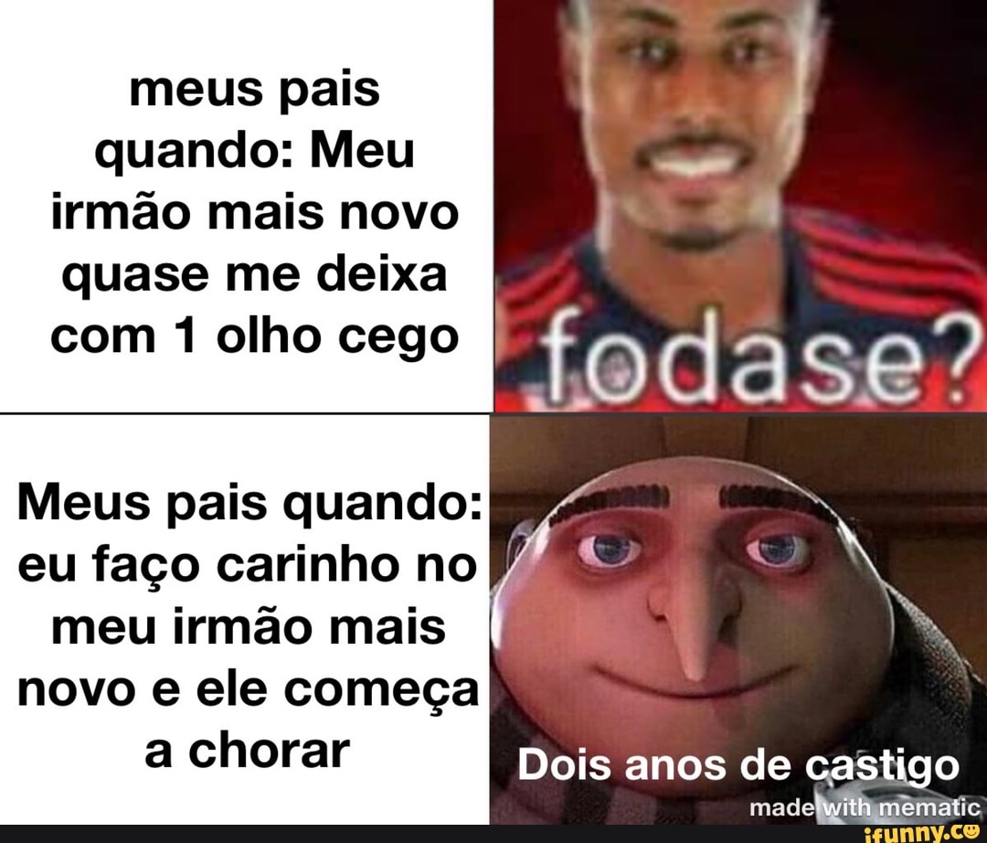 meus pais quando: Meu
irmão mais novo I 4
quase me deixa
com 1 olho cego I
Meus pais quando: eu faço carinho no meu irmão mais novo e ele começa a chorar
Dois anos de castigo made
