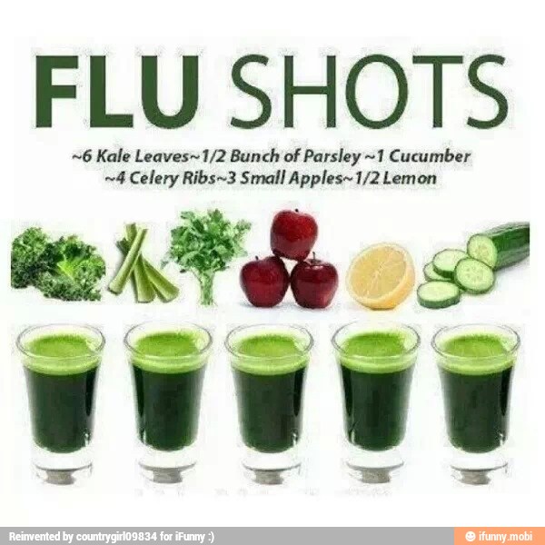 FLU SHOTS
~6 Kale Leaves~1/2 Bunch of Parsley ~1 Cucumber
~4 Celery Ribs~3 Small Apples~1/2 Lemon